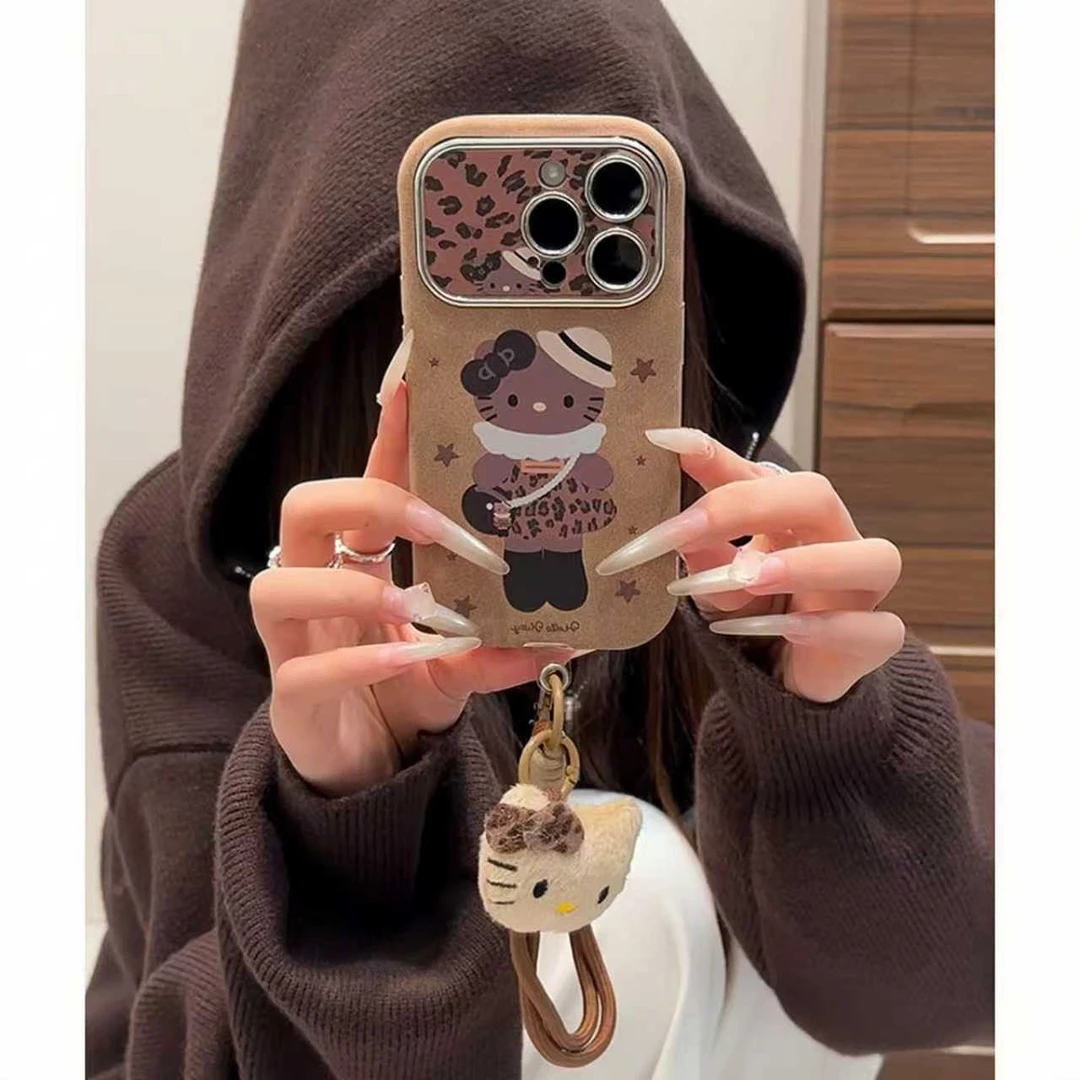 雅天立复古风黑皮KT猫翻毛皮大视窗适用苹果17/16手机壳iPhone15P