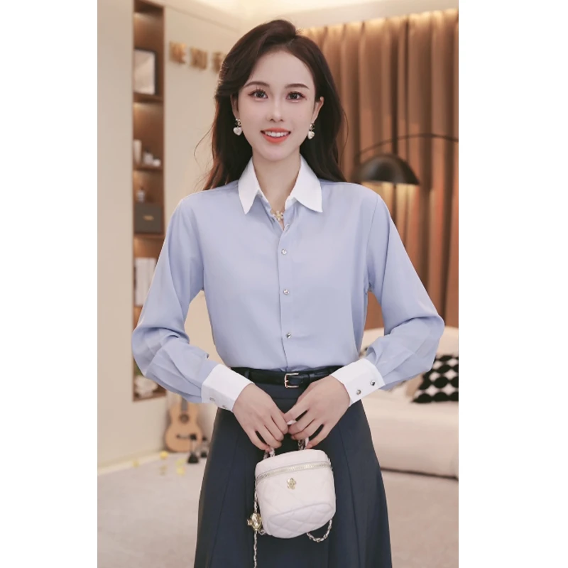 法式拼接气质长袖衬衫女2024秋季新款设计感别致洋气翻领上衣