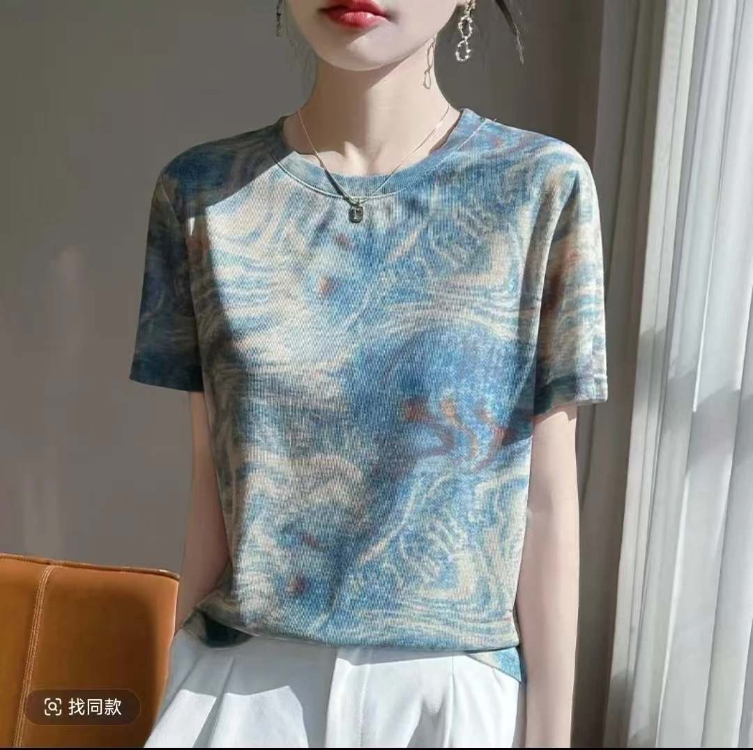西西家 油画蓝色扎染显白好穿圆领休闲短袖夏季
