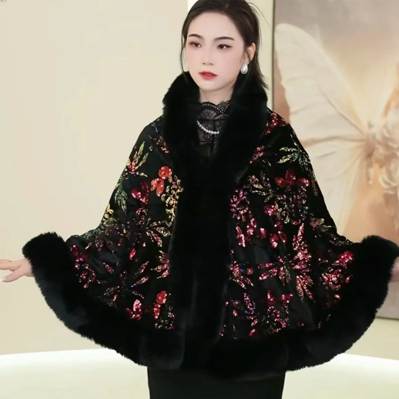 亮片加绒加厚妈妈披肩斗篷外套冬季保暖时尚洋气护颈大毛领披风女