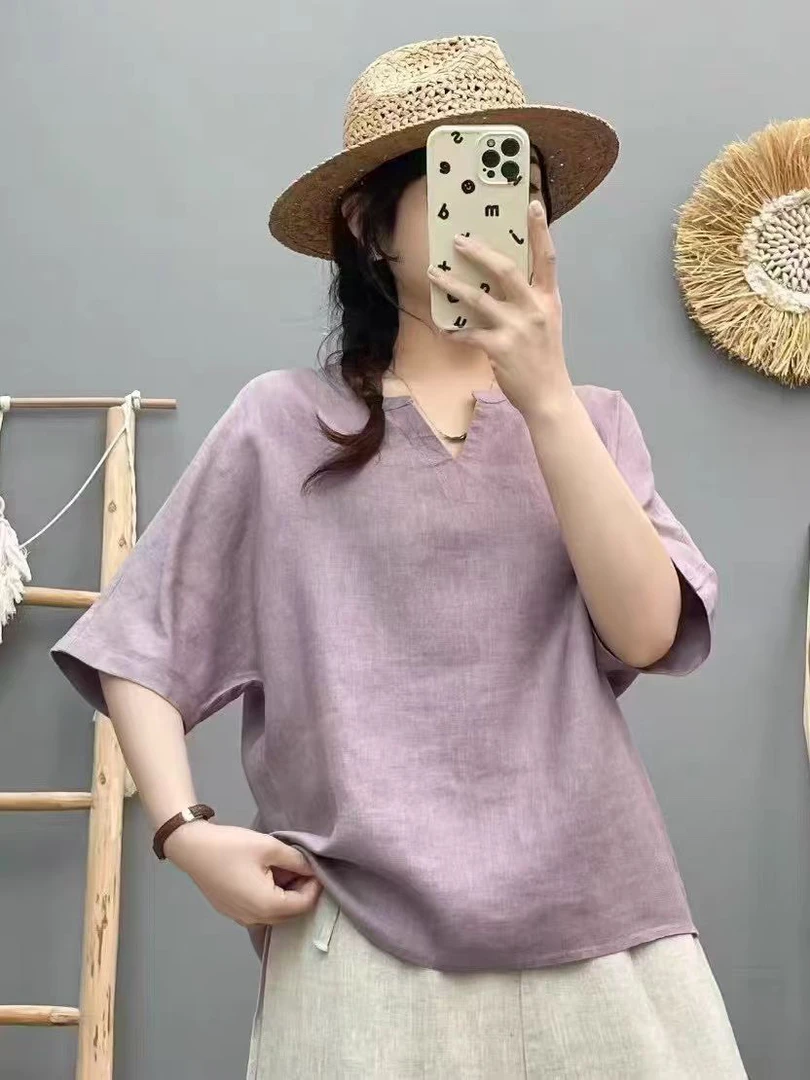 百分百汉麻女V领短袖休闲套头小衫宽松百搭简约