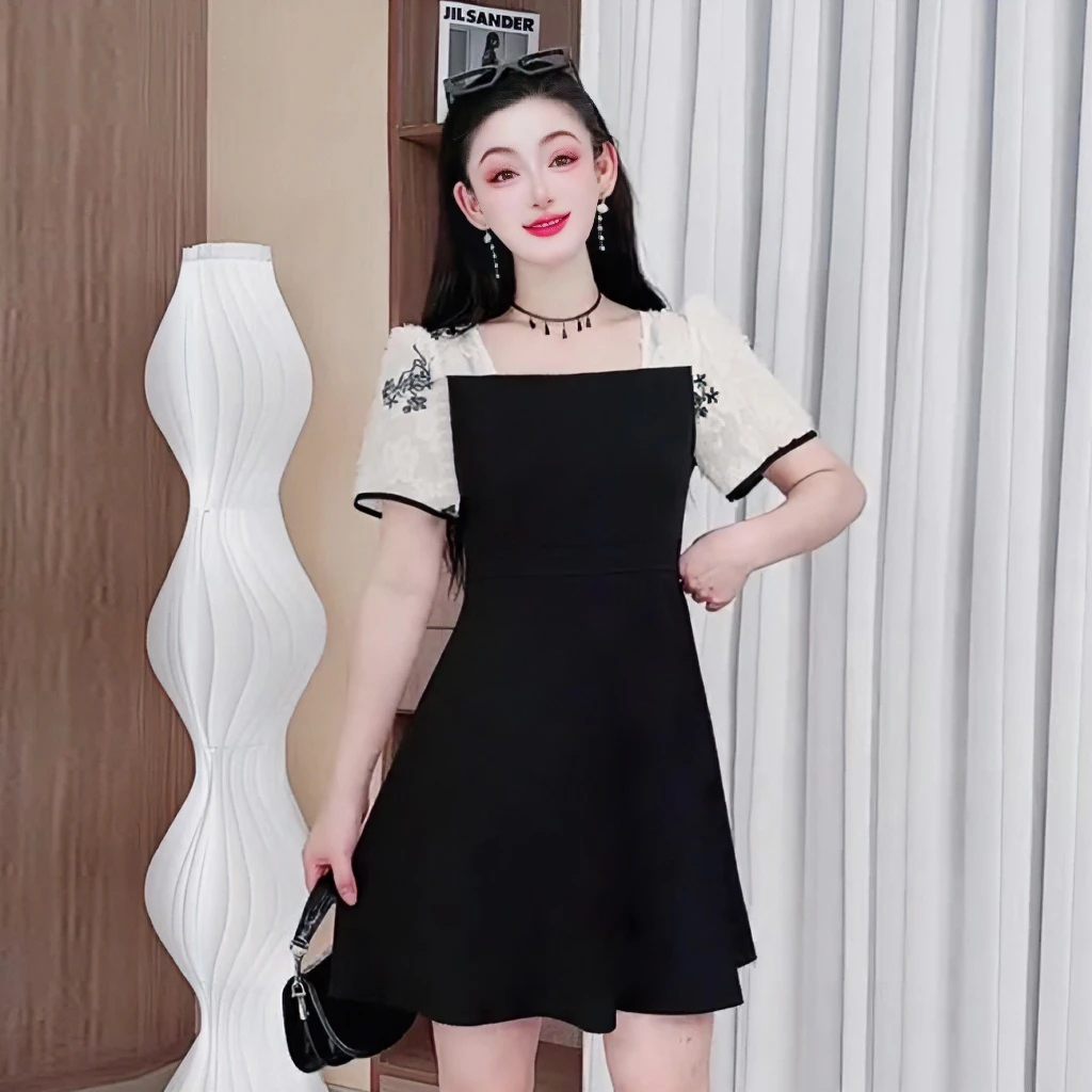 3367夏季法式连衣裙高级感大码女装显瘦收腰气质拼接微胖百搭裙子