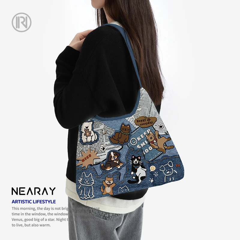 尼睿小狗快乐世界帆布包原创牛仔印花单肩包通勤斜挎包女礼物Q186