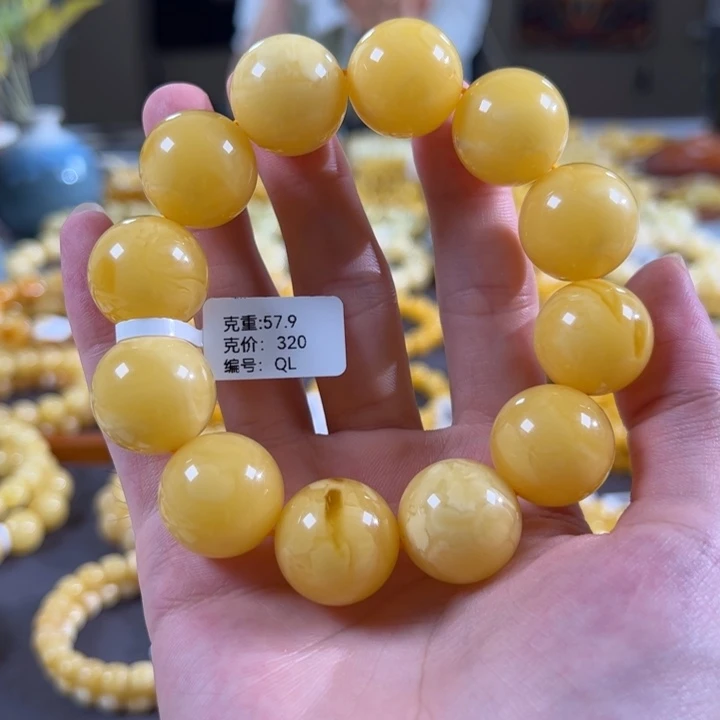 手串蜜蜡未镶嵌20mm+焦皮同料鸡油红橘底飘花ql