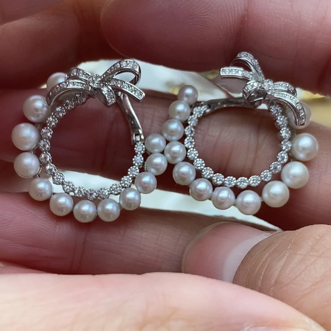 耳饰银S925镶嵌淡水珍珠@@E0054