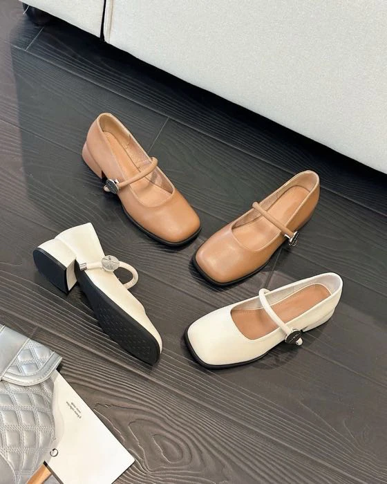 2283-1 舒适软皮玛丽珍鞋新款米白色法式一字带粗跟中跟方头单鞋