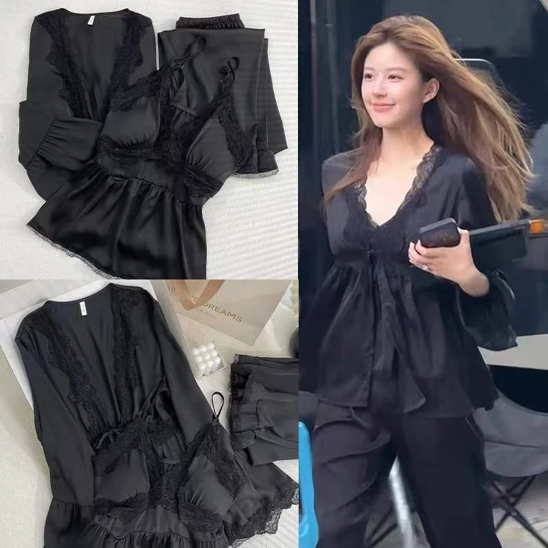 露思同款网红冰丝长袖黑色带胸垫三件套大码蕾丝春秋款家居服套装