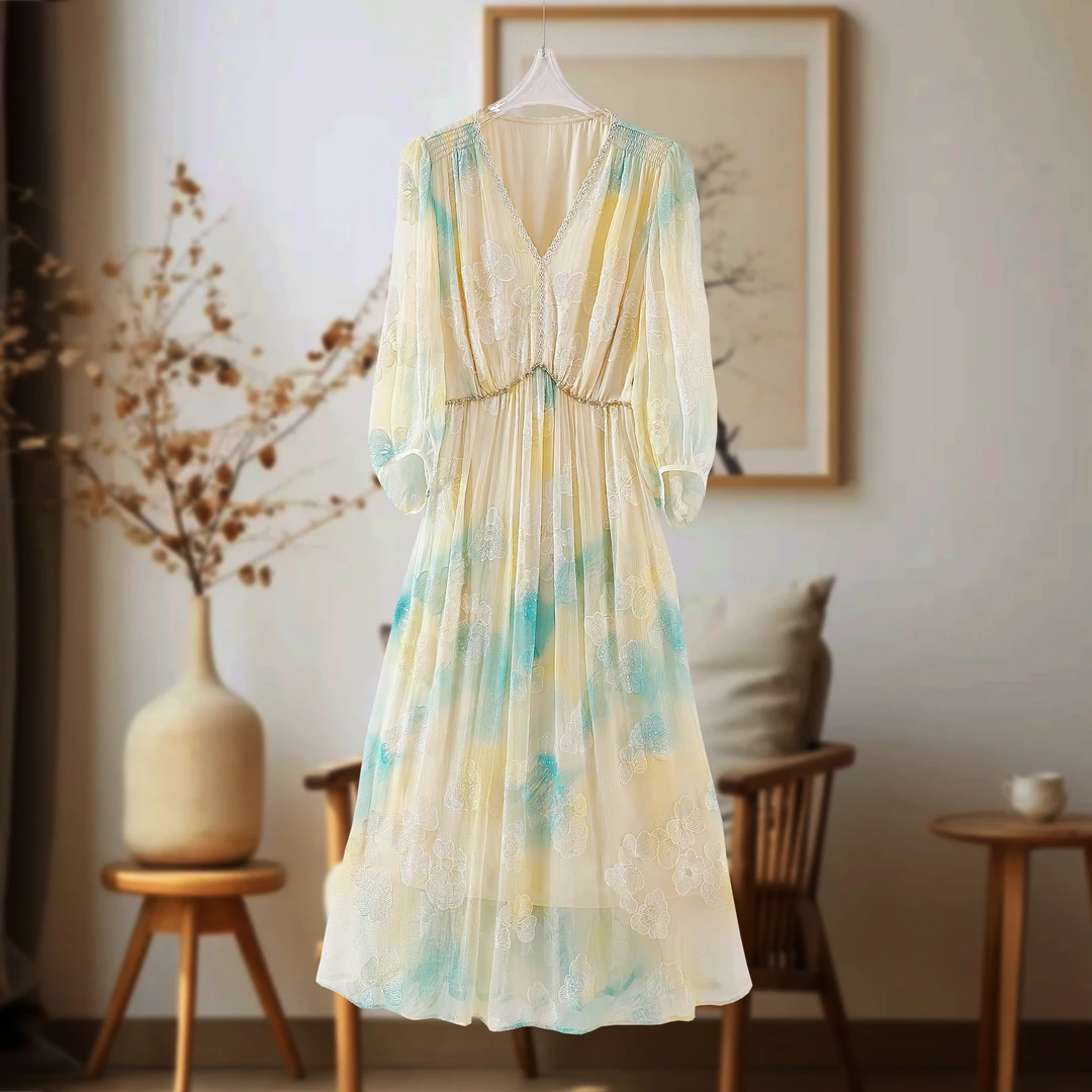 “刺绣扎染”重工绣花真丝扎染100%桑蚕丝优雅气质女收腰连衣裙C303