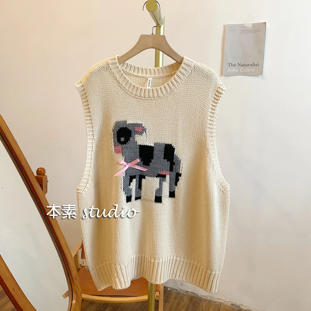 C1478蝴蝶结卡通提花针织圆领宽松马甲