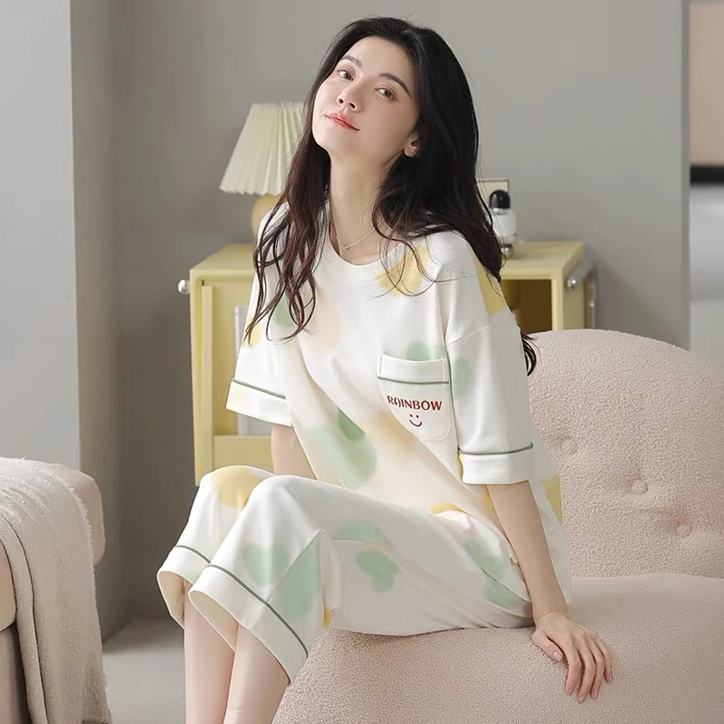 睡衣女夏季纯棉2025年新款短袖休闲可外出薄款两件学生家居服套装