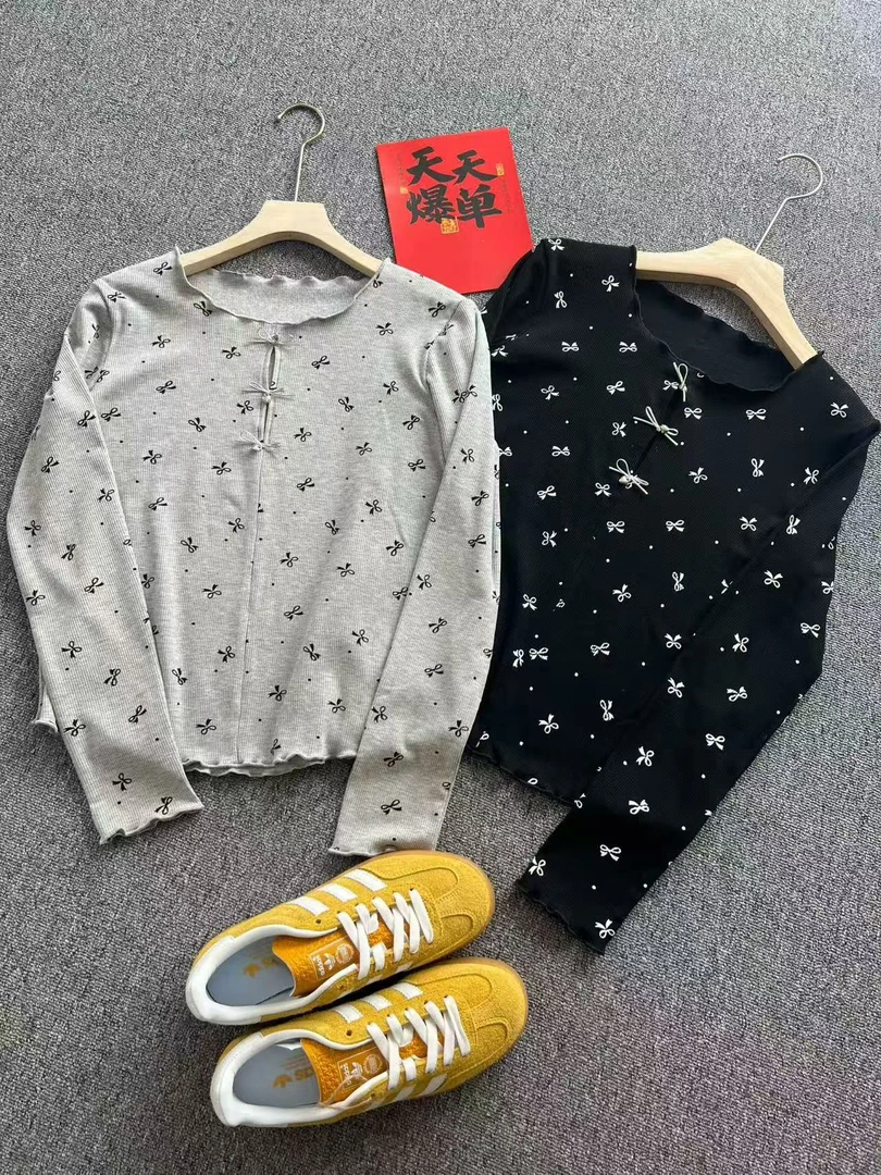 YD-韩系！蝴蝶亨利衫25秋季新款修身上衣长袖T恤