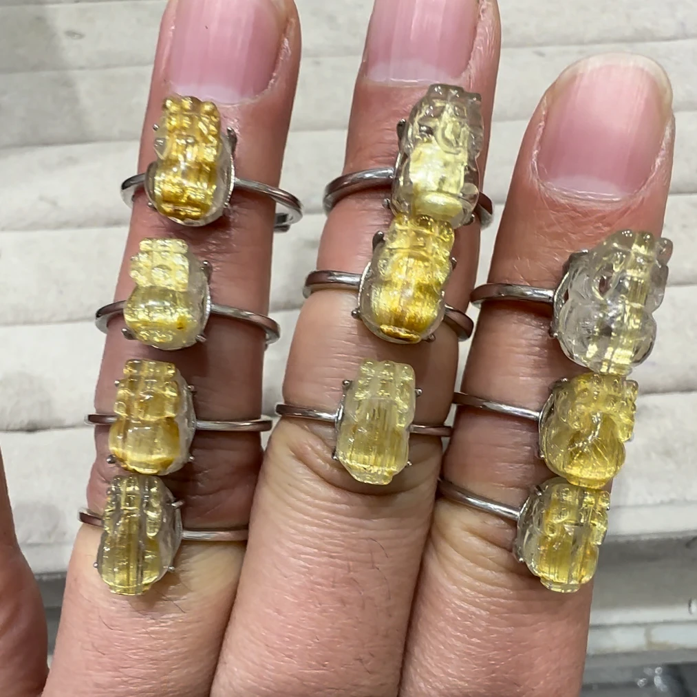 多样性发一天然金发晶貔貅戒指女银镶嵌钛晶貔貅指环生意礼物