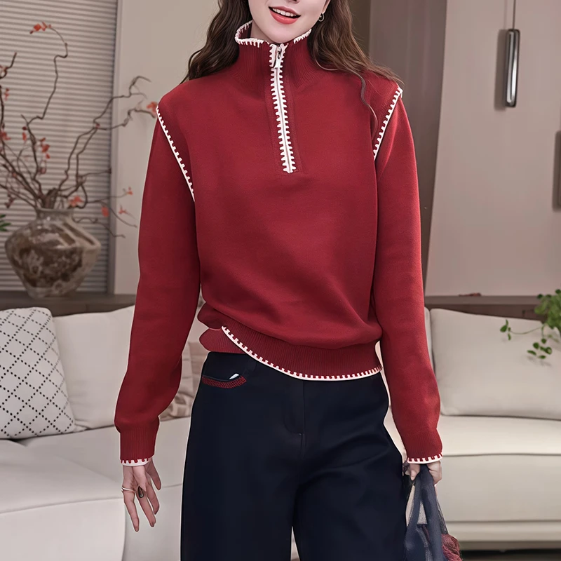 超好看立领长袖打底毛衣针织衫女秋冬季新款高级独特漂亮短款上衣