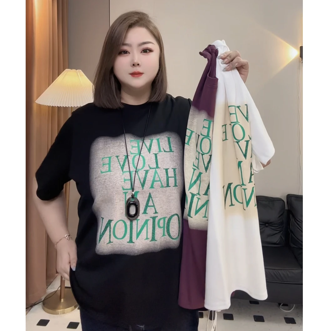 春夏新款大码女装半袖T恤衫打底衫重工钻字母宽松打底衫休闲上衣