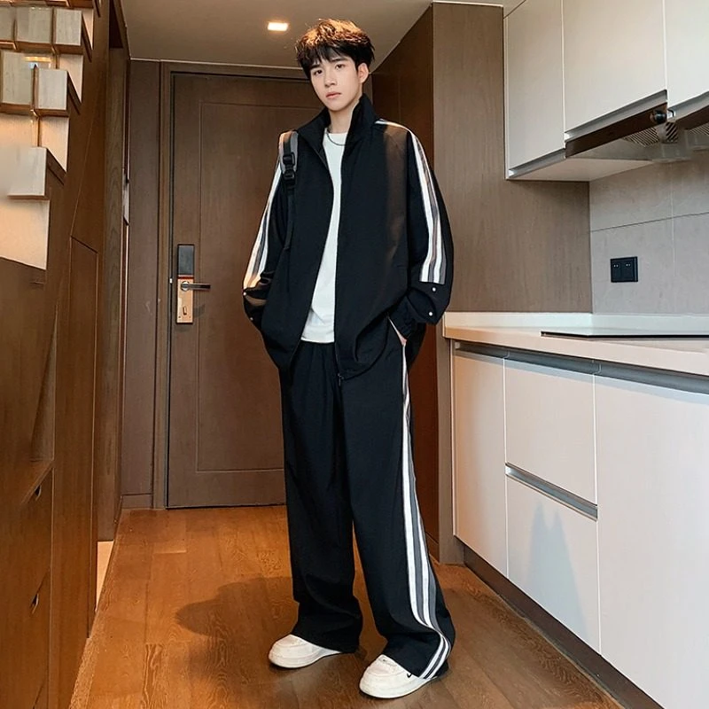 休闲运动套装男女同款春秋季潮流一套搭配宽松夹克阔腿裤子两件套