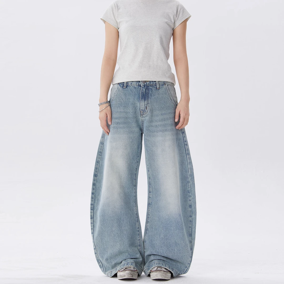 美式复古水洗浅蓝色弯刀牛仔裤男女春夏宽松休闲cleanfit阔腿裤子