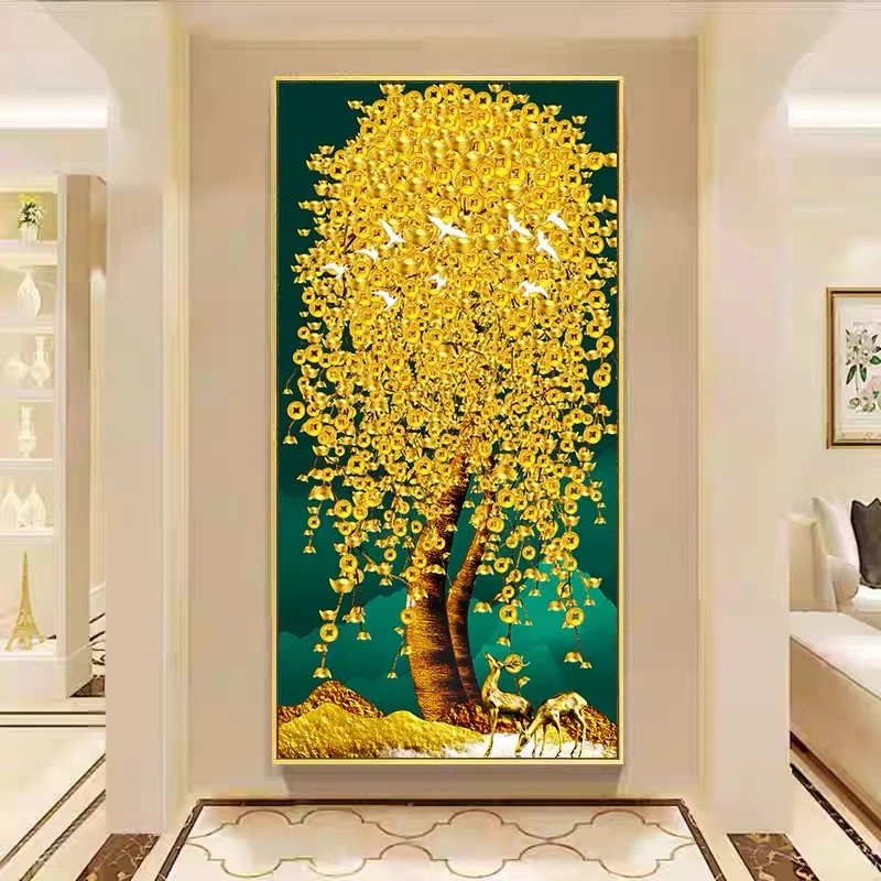 玄关发财树现代简约墙面装饰画新中式北欧摇钱树客厅走廊过道壁画