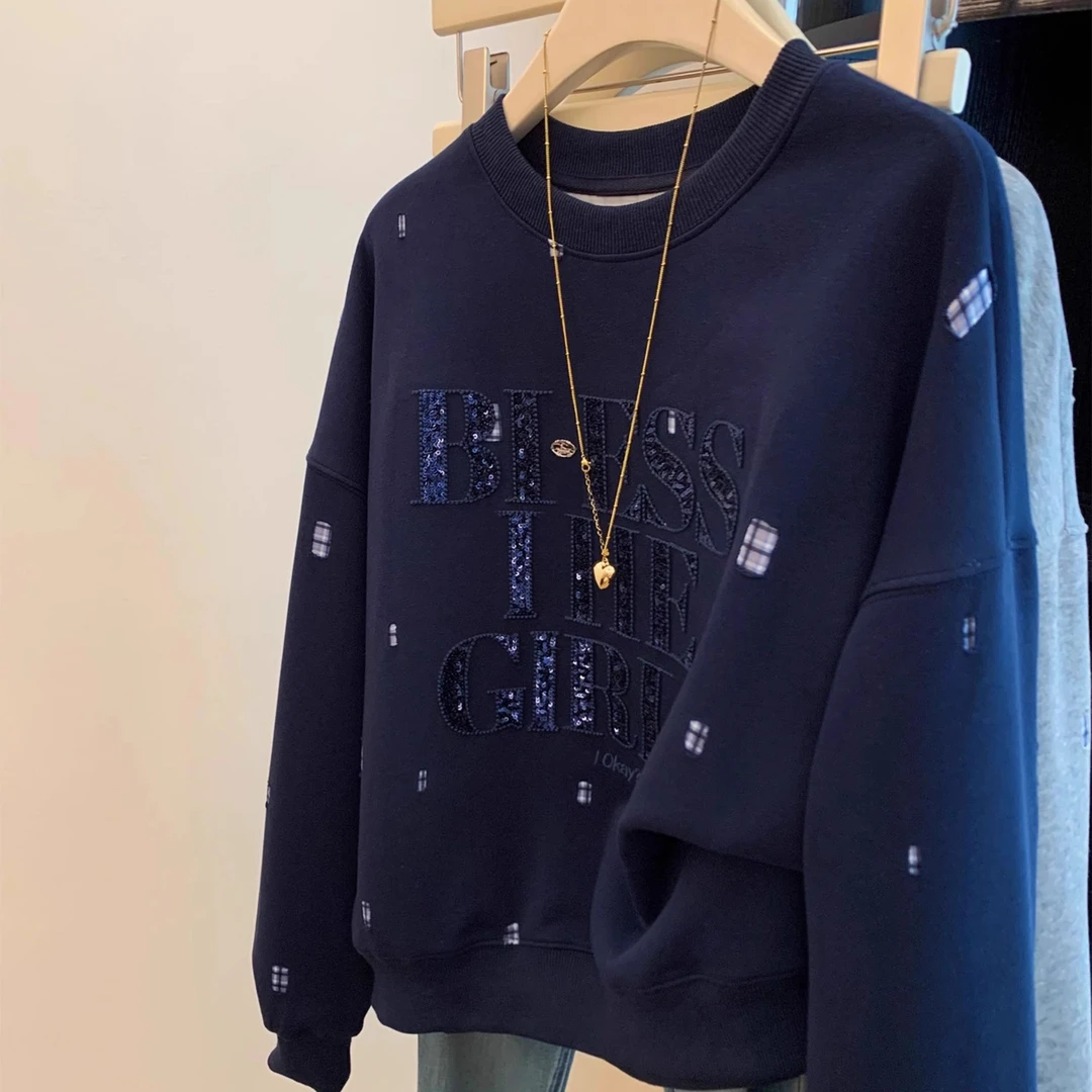 秋季新款藏青色休闲百搭刺绣亮片宽松卫衣大码300斤时尚潮流上衣