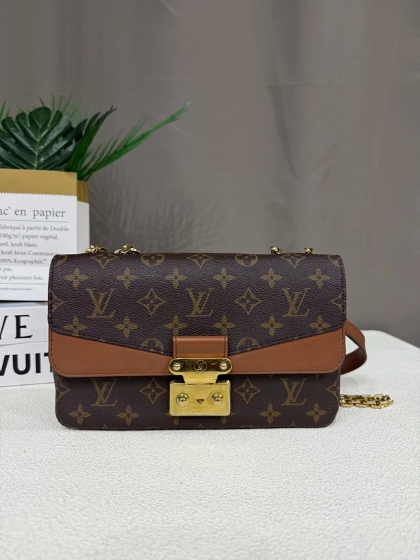 95新 LouisVuitton/路易威登 马尔索焦糖色老花单肩斜挎包链条包