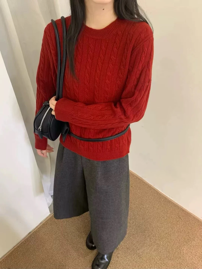 8502#新款韩版百搭修身显瘦时尚纯色绵羊毛麻花针织衫毛衣logo