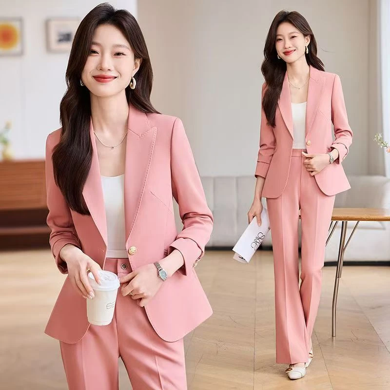 粉色小西装套装女2025春秋新款气质修身高级感微喇裤职业装两件套