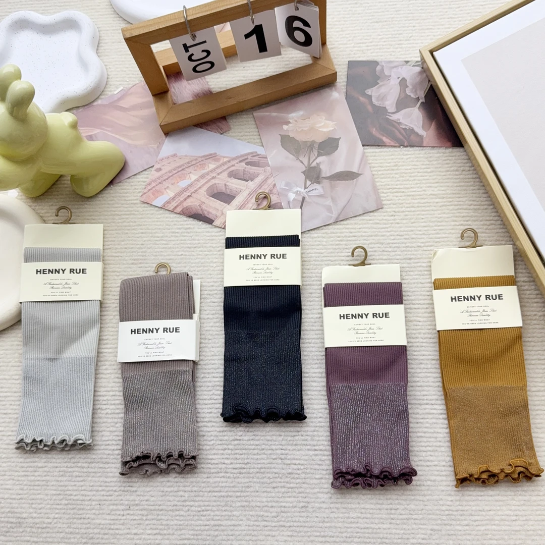 ay19182 五双女袜撞色银葱口竖条堆堆袜