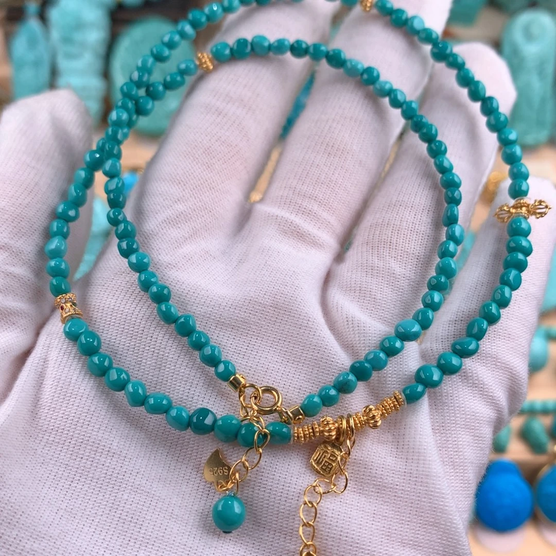 绿松石银S925镶嵌小糖豆项链