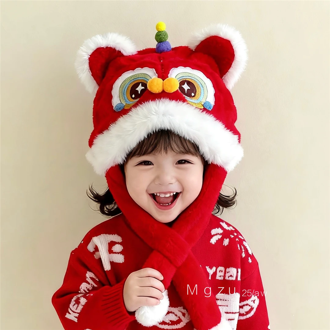 儿童帽子女童毛绒帽国风新年红帽子冬季保暖加绒加厚护耳帽男童帽