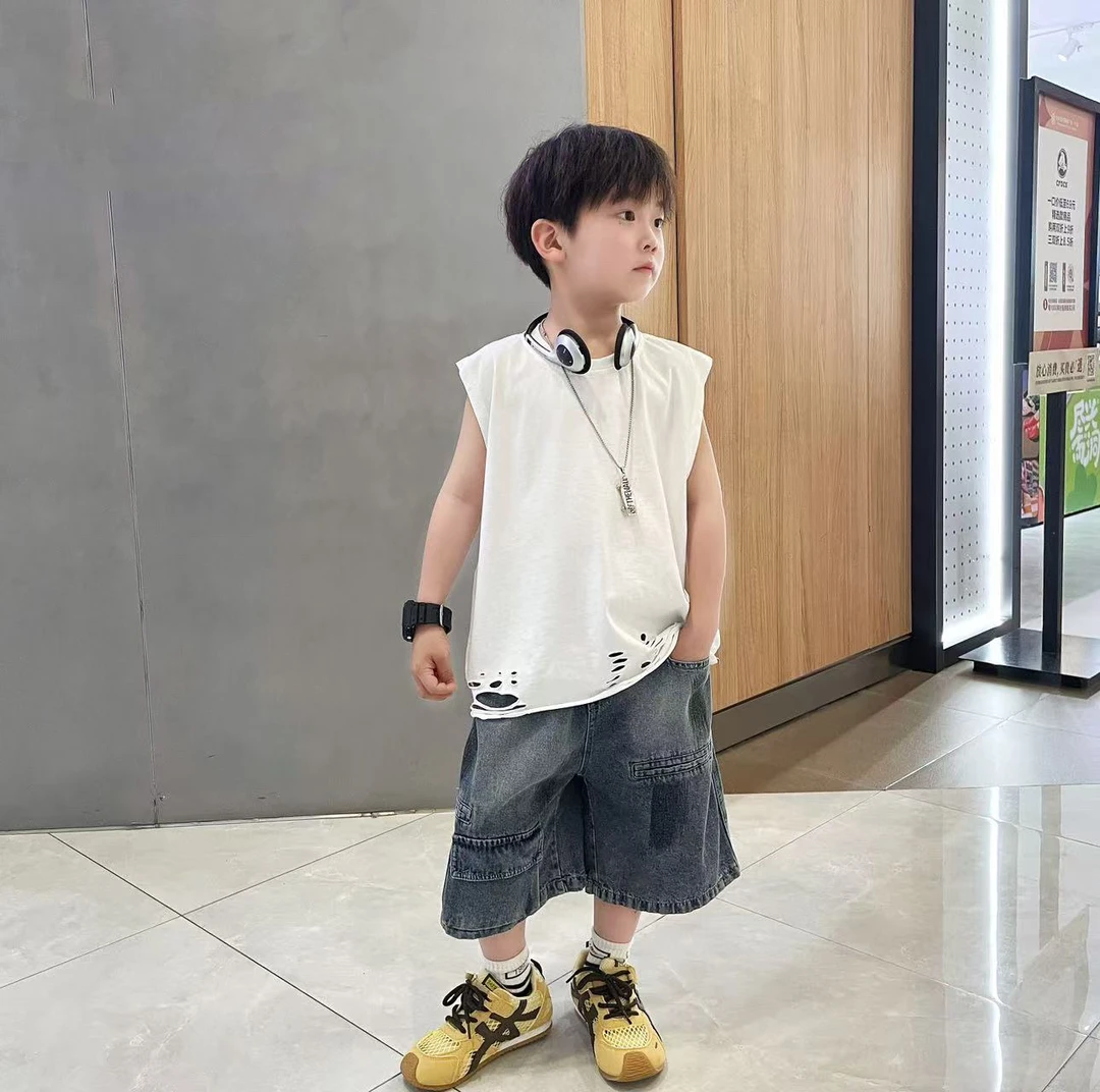 纯白色t恤儿童韩系童装男宝背心套装夏季痞帅男小童牛仔短裤