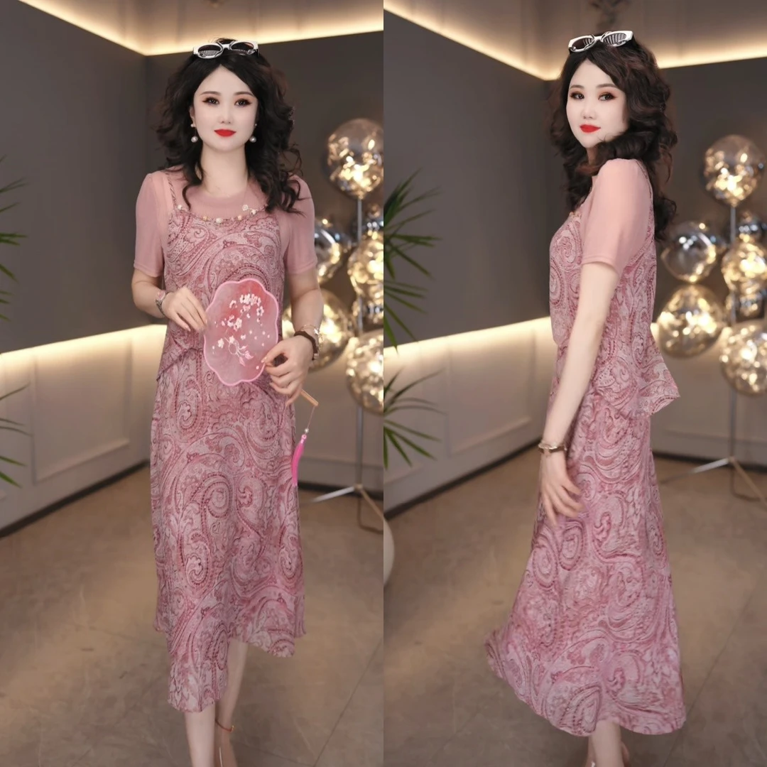 2025夏季新款时尚减龄收腰气质百搭中长款假两件连衣裙M-4XL