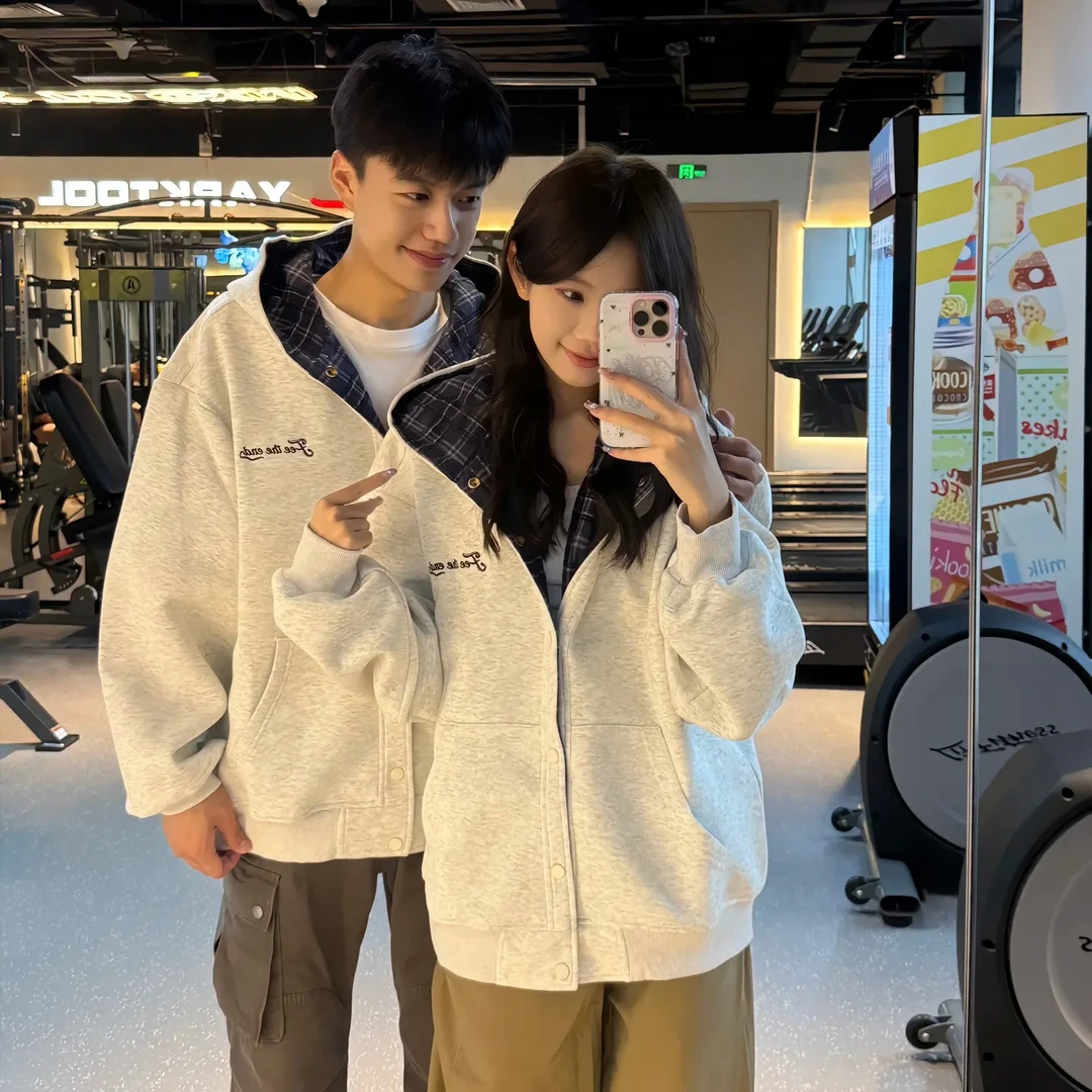 2025秋冬美式复古格纹拼接连帽开衫卫衣男女同款情侣休闲百搭外套