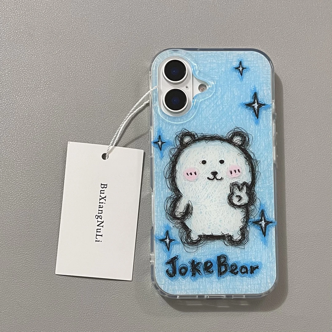 蓝底绘画潦草比耶自嘲熊适用苹果16pro手机壳iPhone15全包14/13