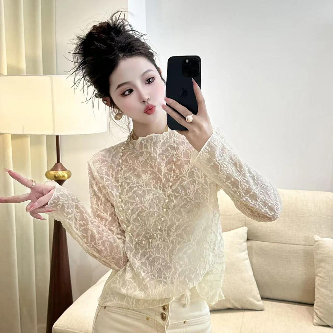 【阿丹】羊毛蕾丝微弹网红百搭洋气半高领打底衫上衣
