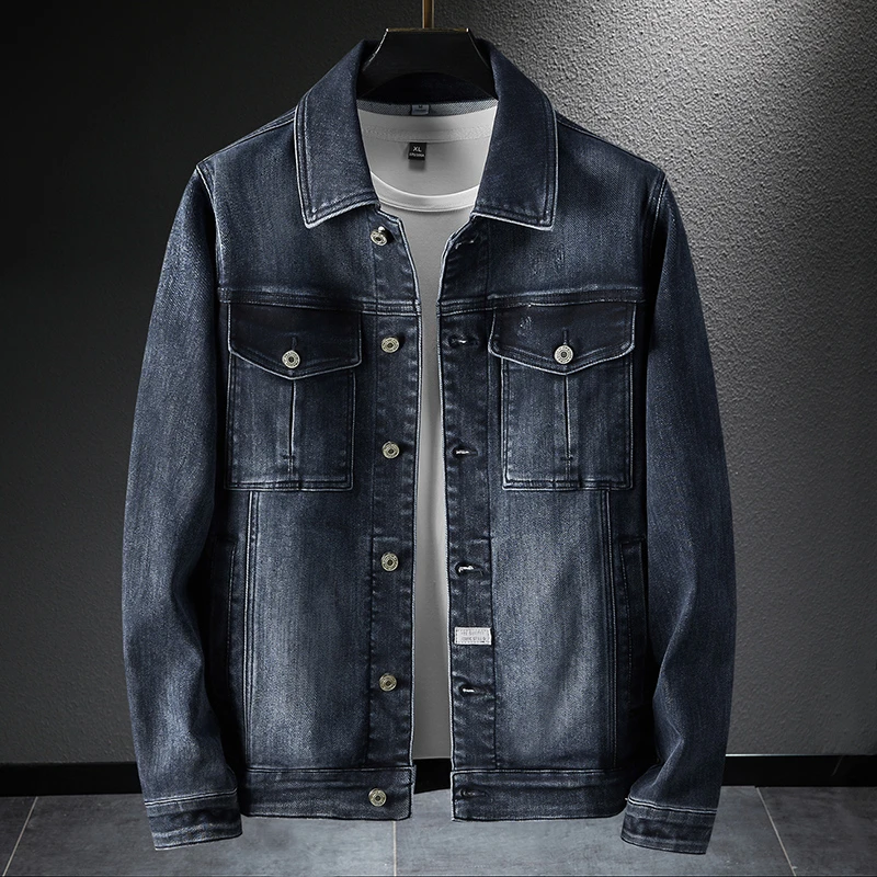 尼皮怀恩复古牛仔外套男春秋新款潮牌翻领机车夹克休闲弹力外套
