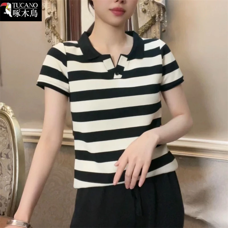啄木鸟短袖条纹拼接撞色T恤2025年新款夏季翻领设计感百搭上衣女