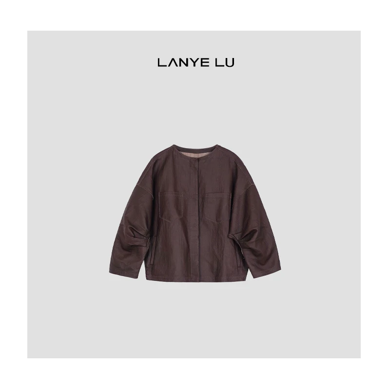 【LANYE LU】春款上新   极简老钱高级进口小羊皮复合苎麻短款外套