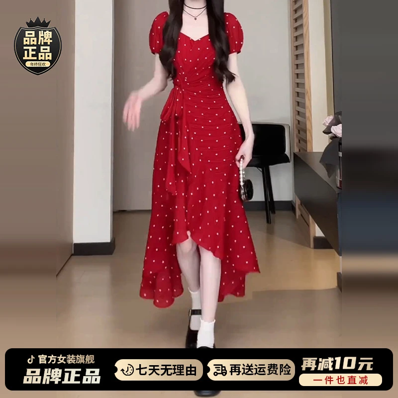 3575红色连衣裙子女夏季2025新款今年流行巨好看小众漂亮掐腰长裙