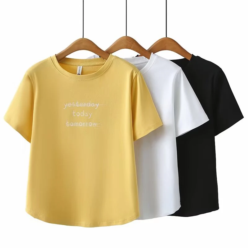 夏季大码女装胖MM时尚字母时尚弹力短袖T恤女士休闲百搭圆领上衣