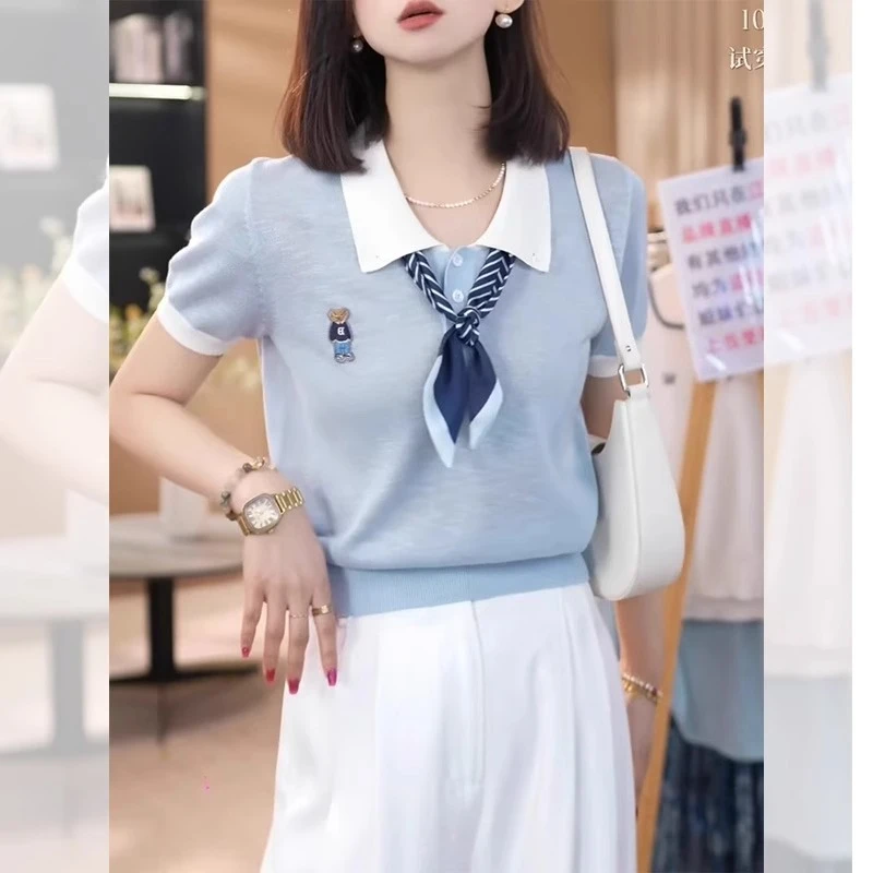 2025夏季新款女士欧洲站撞色翻领丝巾短袖T恤小众减龄休闲上衣服