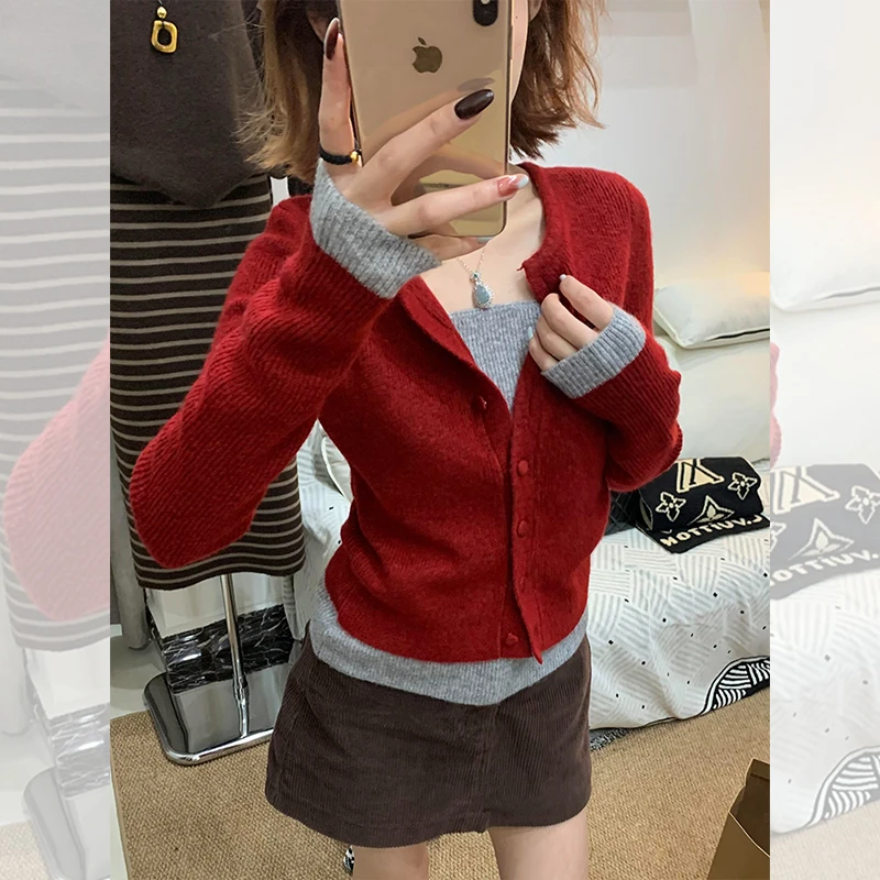 红色假两件针织开衫韩系秋冬季女装可外穿内搭打底精致洋气小上衣