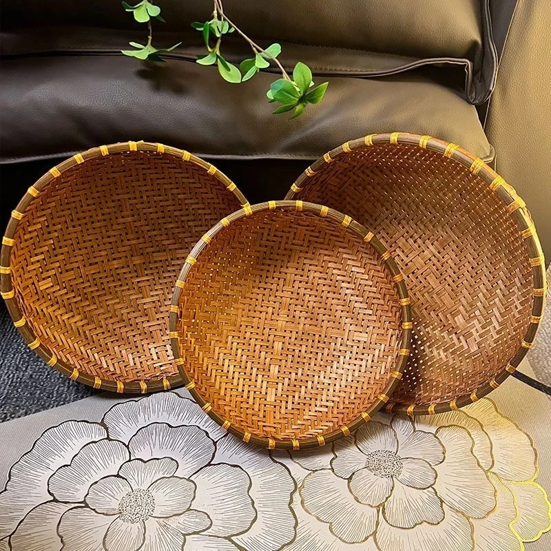 三件套烟熏有孔(25+28+30公分)精编家用家庭竹编圆形手工馒头筐