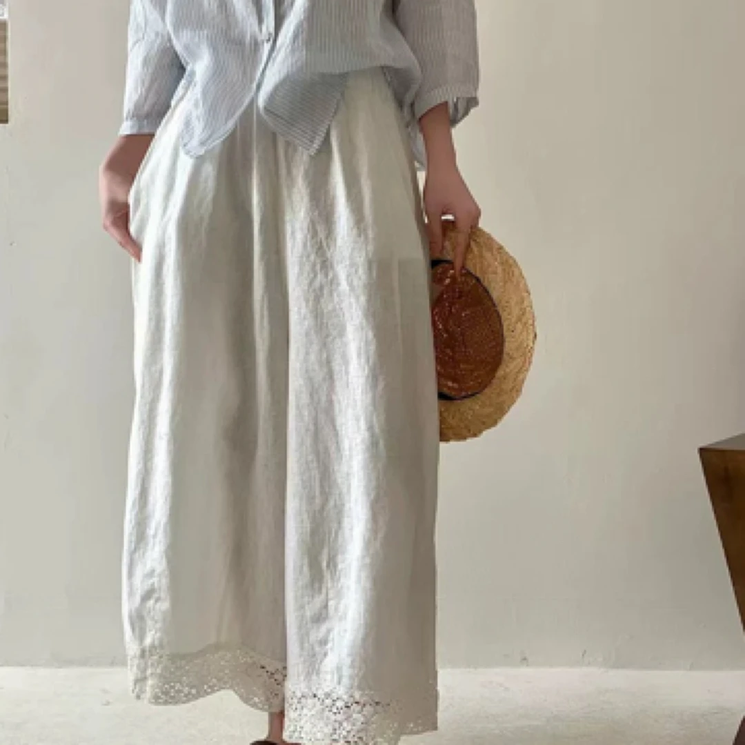 韩国面料自制无标介意勿拍麻本色棉麻蕾丝垂垂裤阔腿裤
