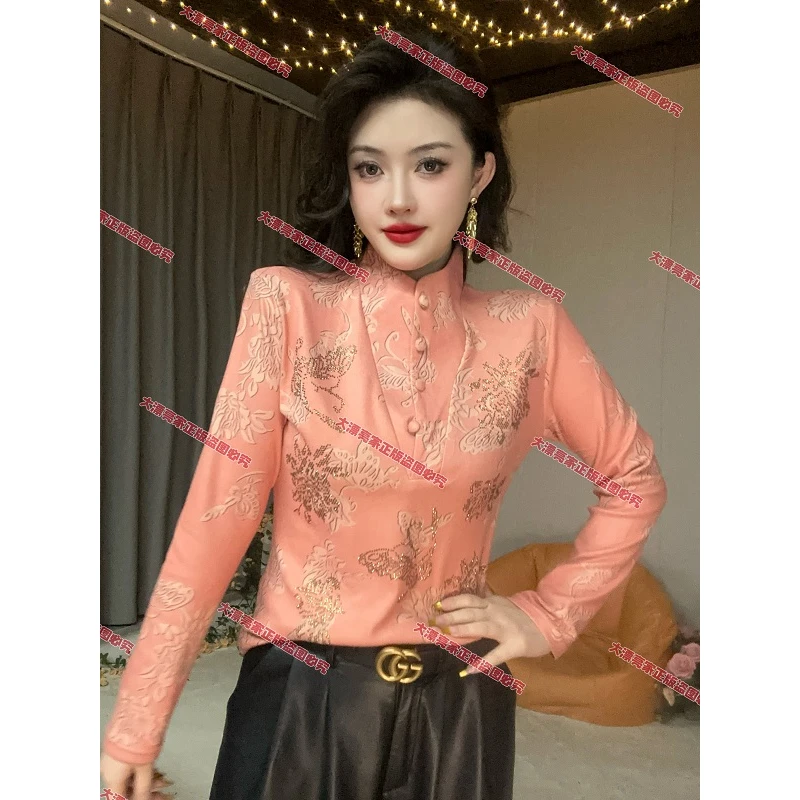 【秋冬新款】莲爱菊印花立领排扣加绒减龄重工烫钻长袖打底衫女8258