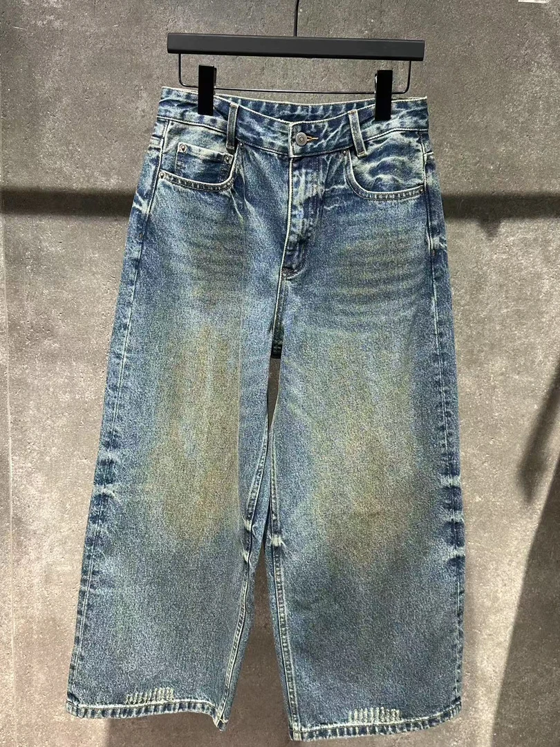 A特【Ann.G】Z031 个性扎染抓纹阔腿牛仔裤新款夏季做旧复古休闲裤