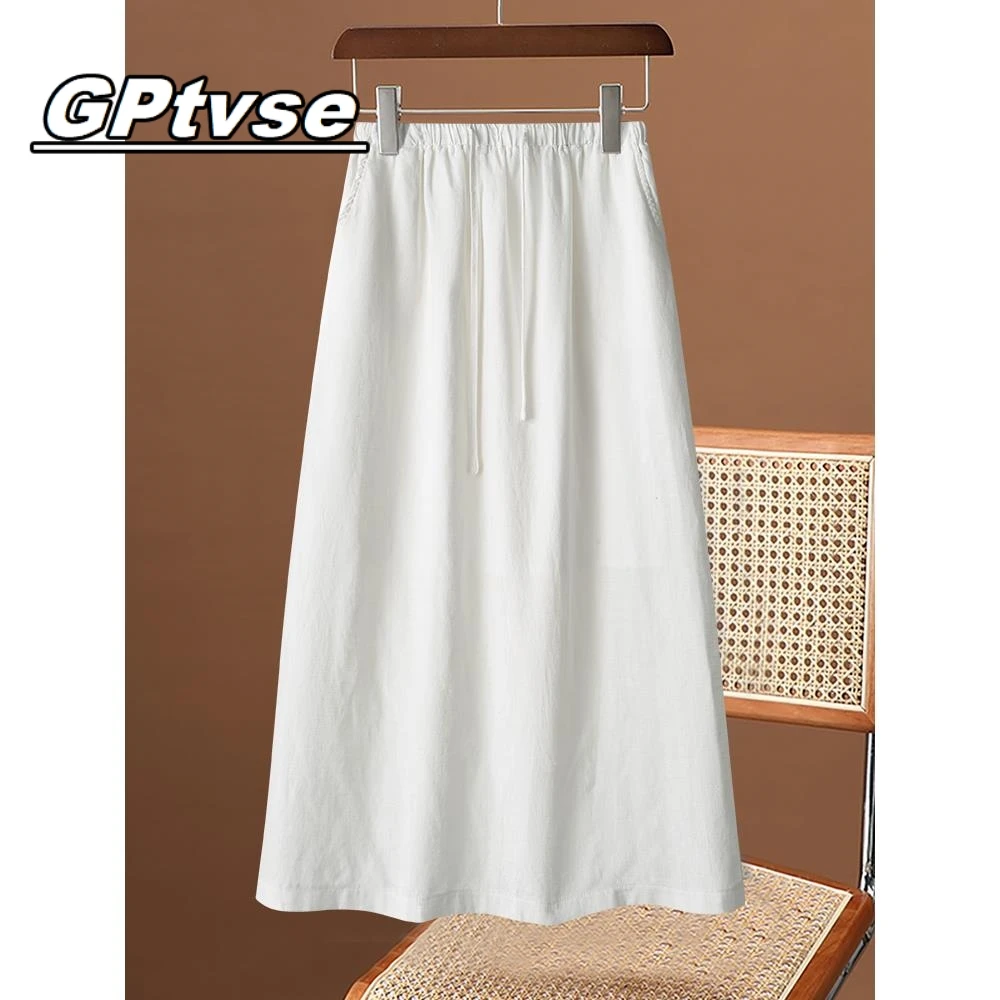 GPTVSE白色苎麻半身裙女夏季薄款今年流行亚麻直筒裙气质a字裙子