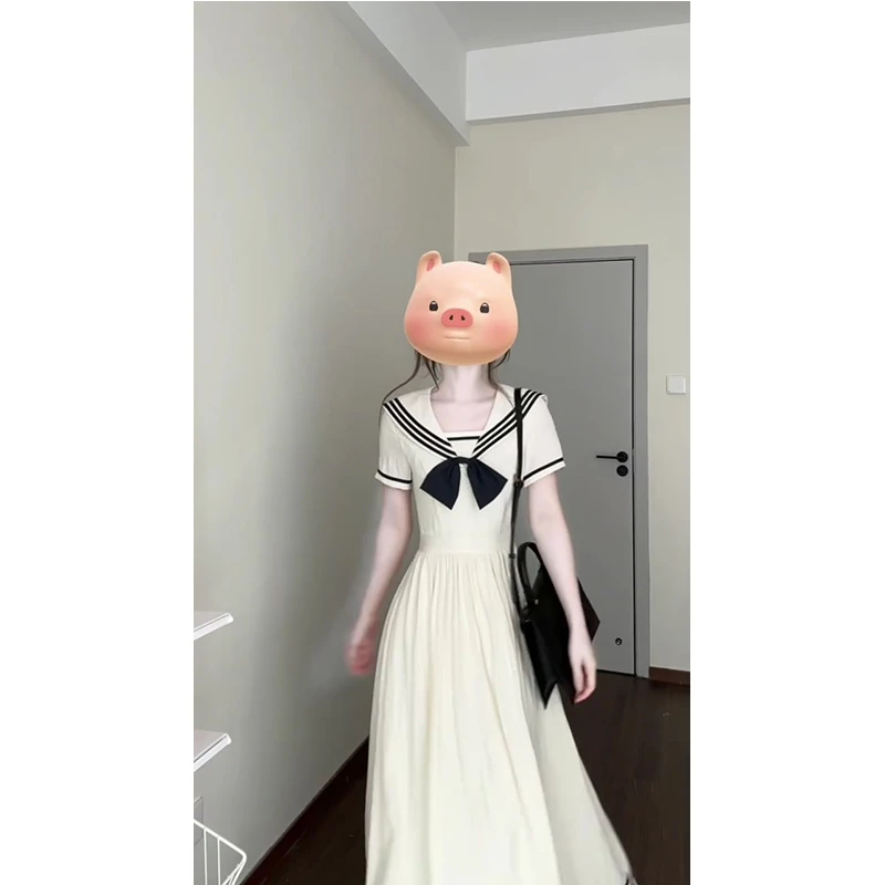 2025春季氛围感温气质优雅柔学院杏色海军领连衣裙女装收腰连衣裙