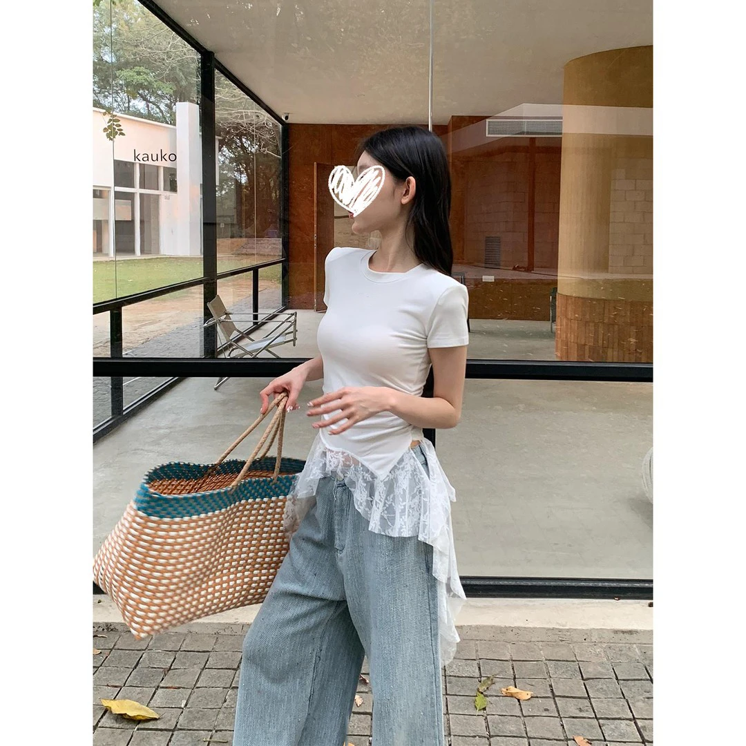 春季圆领掐腰褶收腰蕾丝飘带拼接不规则设计感短袖T恤