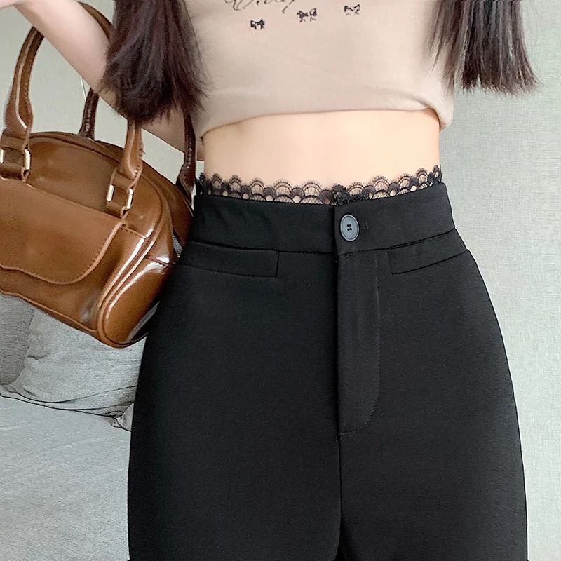 黑色蕾丝设计微喇西装裤女春夏高腰垂感阔腿裤直筒休闲喇叭裤