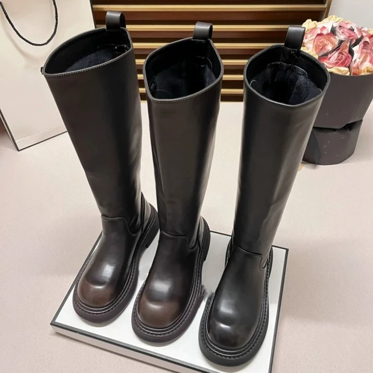 欧洲站复古秋冬新款圆头粗跟英伦风骑士长靴292-8286(不加绒)