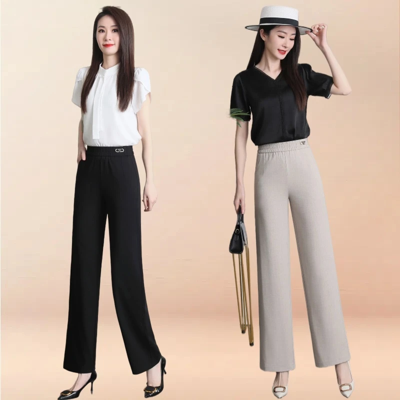 夏季新款冰丝麻垂感显瘦显高百搭透气轻薄时尚窄版高腰直筒裤9973